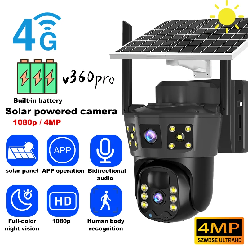1080p 4mp HD Solar 4G IP Camera Outdoor Built-in Battery Security Camera Solar Panel Wireless Video Surveillance CCTV V360pro