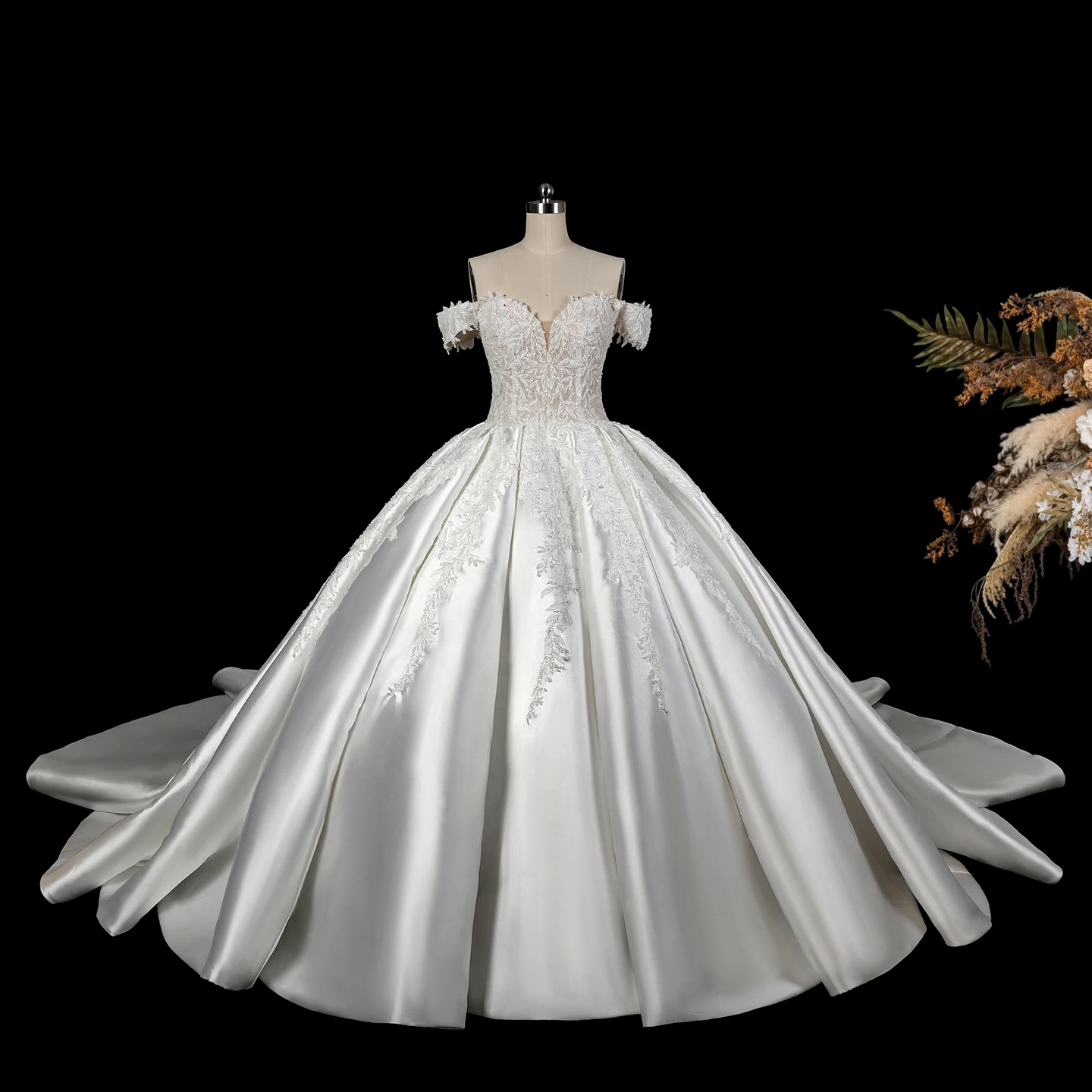 Sharon Said Off Shoulder Ball Gown Wedding Dress Lace Appliques Sweetheart Satin Long Train Bridal Gowns SW701 Customized