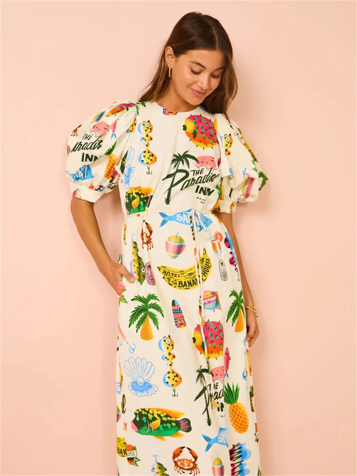 Women Elegant Print Long Dress Puff Short Sleeve Loose Female Dresses O-neck Vintage Retro Summer Robes Holiday Beach 2024 NEW