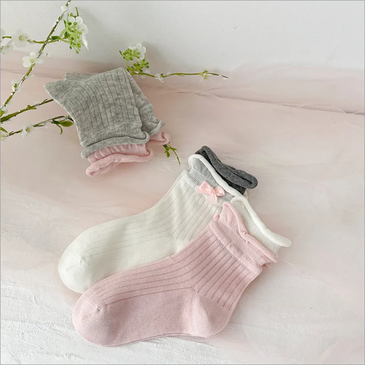 Kids' Breathable Socks Set of 3 Spring Summer Comfy Sweat-Absorbing School Socks with Bow And Double Cuff