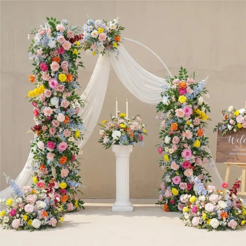 

Декор для свадебной арки на открытом воздухе: новые красочные цветы, розы, зеленые листья, искусственные цветочные композиции, подставка для арки, реквизит для мероприятий и вечеринок