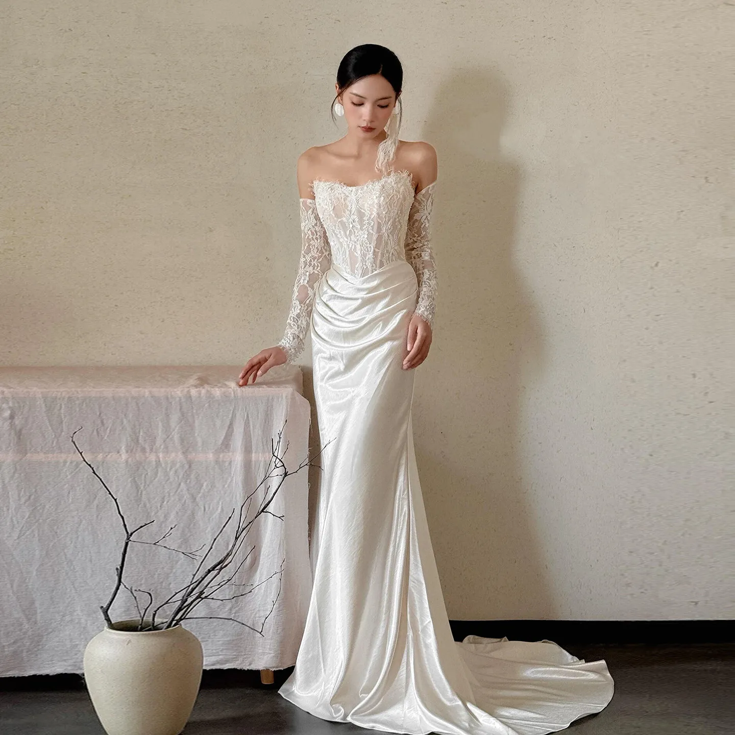 Strapless Lace Corset Mermaid Wedding Dress Detachable Long Lace Sleeves Draped Satin Skirt Train Bridal Gown Sheer Bodice