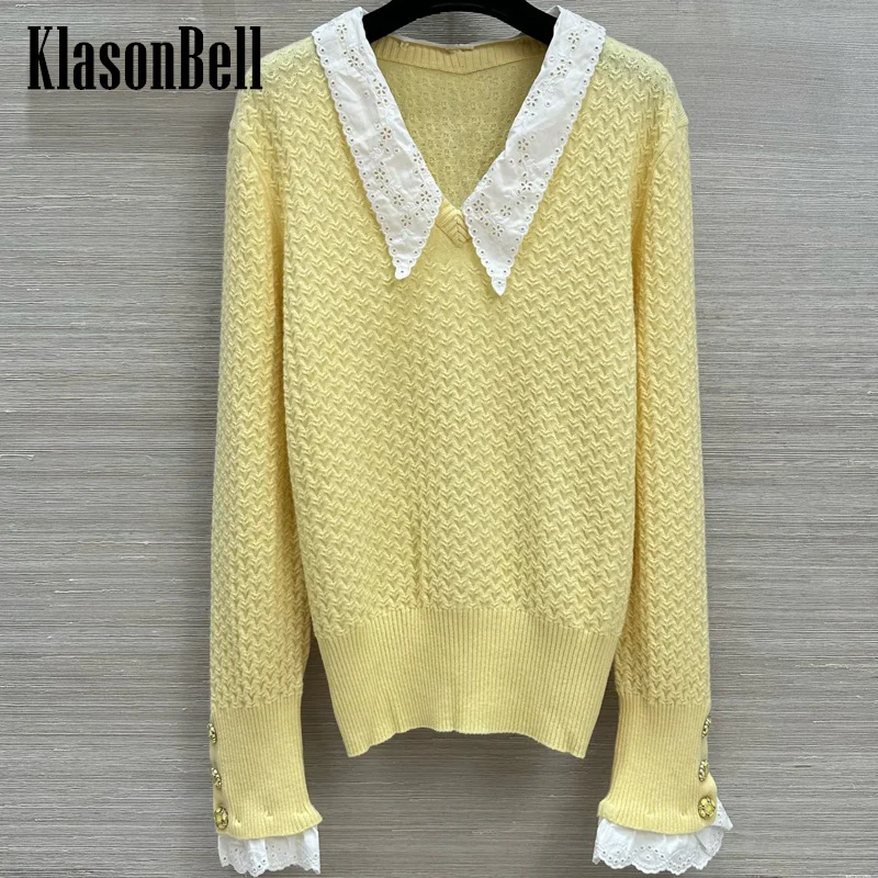 

7.24 KlasonBell Embroidery Collar Detachable V-Neck Knitwear For Women Sweet Temperament Yellow Jacquard Sweater