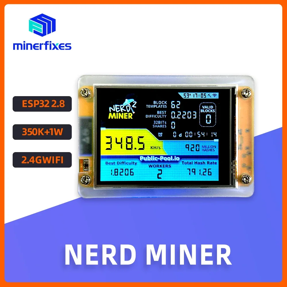NerdMiner V2 Hashrate 350KH/s ESP32-2432S028 D0WDQ6 Controller 2.8inch Smart Display Bitcoin Lottery Miner Crypto Mining Machine