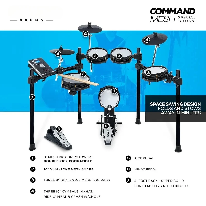 Drums Command Mesh SE Kit - Electric Drum Set with Quiet Dual Zone Mesh Pads, USB MIDI Connectivity and 600+ Electronic