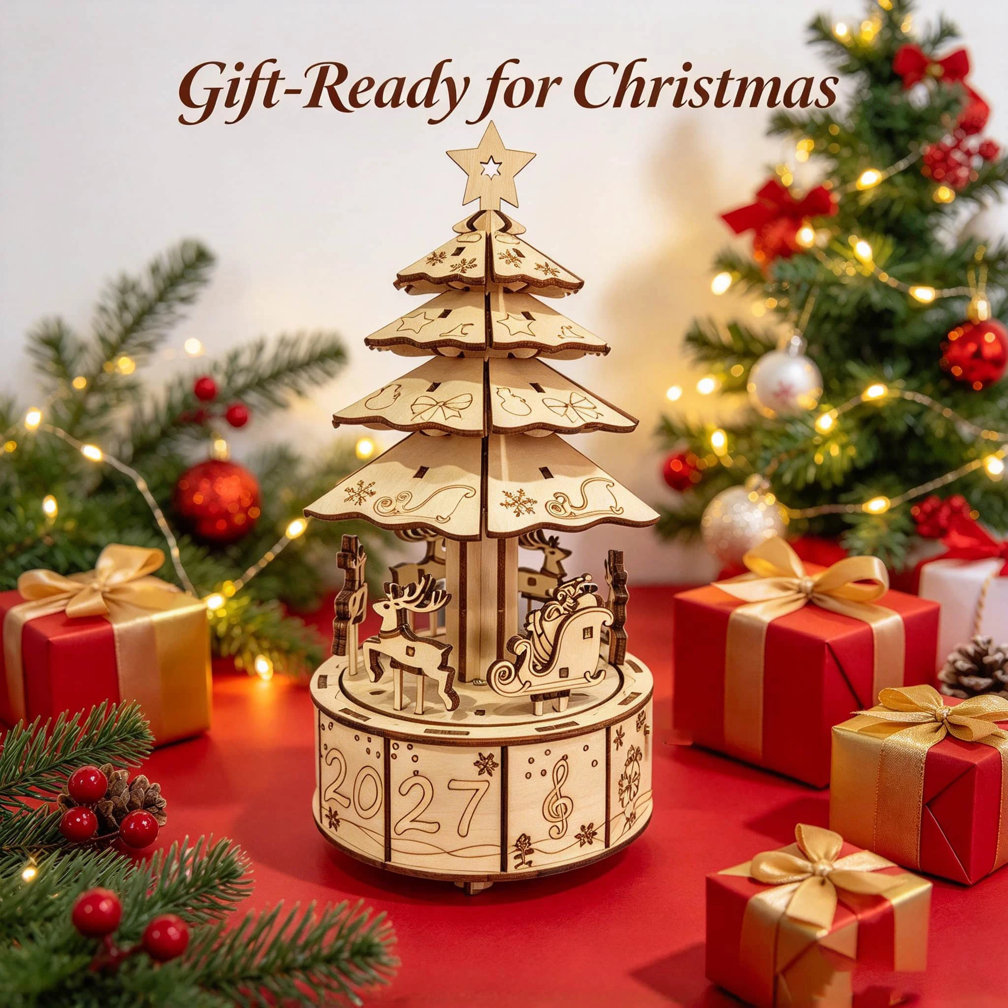 DIY Wooden Christmas Tree Music Box Kit—Rotates—Festive Tabletop Decoration—Creative Christmas Gift 3D Puzzle Model
