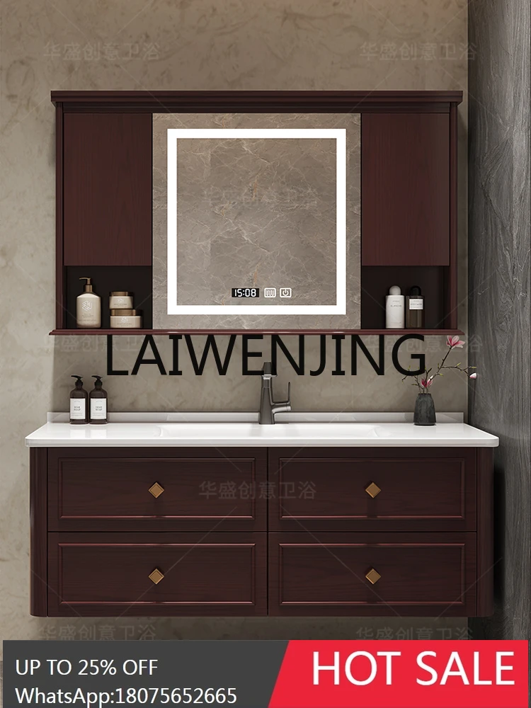RWJ Oak New Chinese Style Washstand Stone Plate Seamless Basin Bathroom Cabinet Combination
