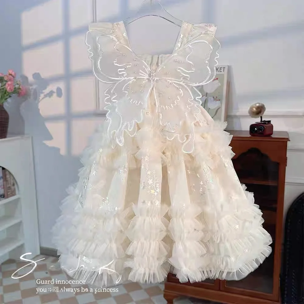 Vestido Elegante de Verão para Meninas com Asas de Borboleta, Fantasia de Conto de Fadas Sem Alças, Moda Infantil Estilo Coreano