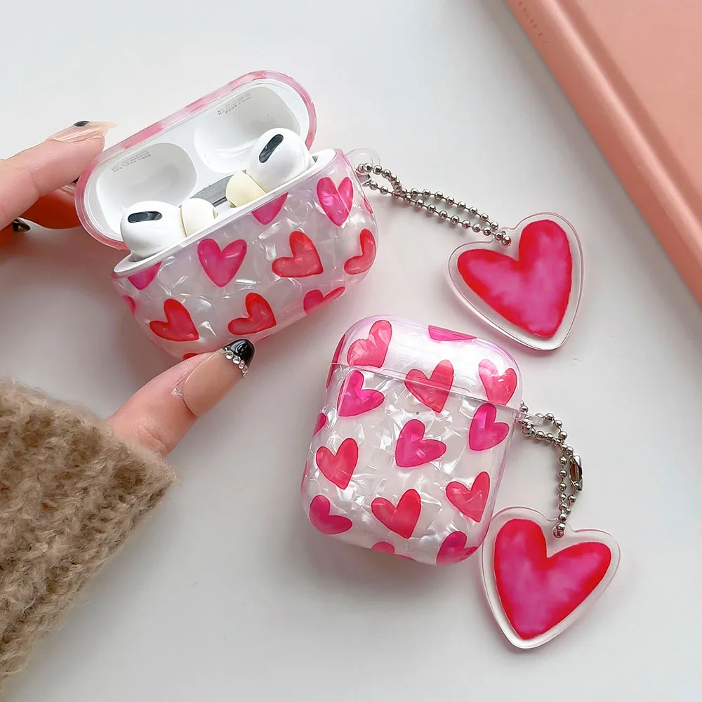 

Pink Heart Girls Case for AirPods Pro Shell Texture Earphone Protective Cover for Airpods 2 3 3rd Soft IMD Case with Keyring