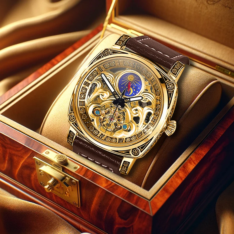 

Мужские желто-черные придворные механические часы во французском стиле с турбийоном с тонкой гравировкой солнца и луны.