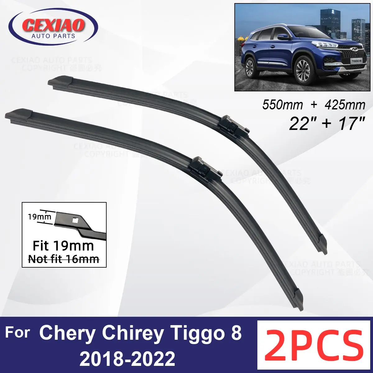 

Car Wiper For Chery Chirey Tiggo 8 2018-2022 Front Wiper Blades Soft Rubber Windscreen Wipers Auto Windshield 550mm + 425mm