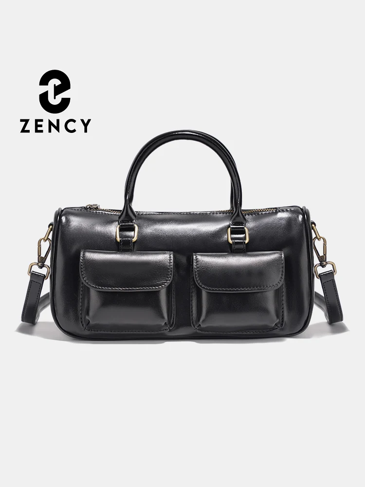 Zency Cowhide Leather Design White Handbag Women Shoulder Bag Multi-functional Crossbody Bag Front Pockets for Small Items