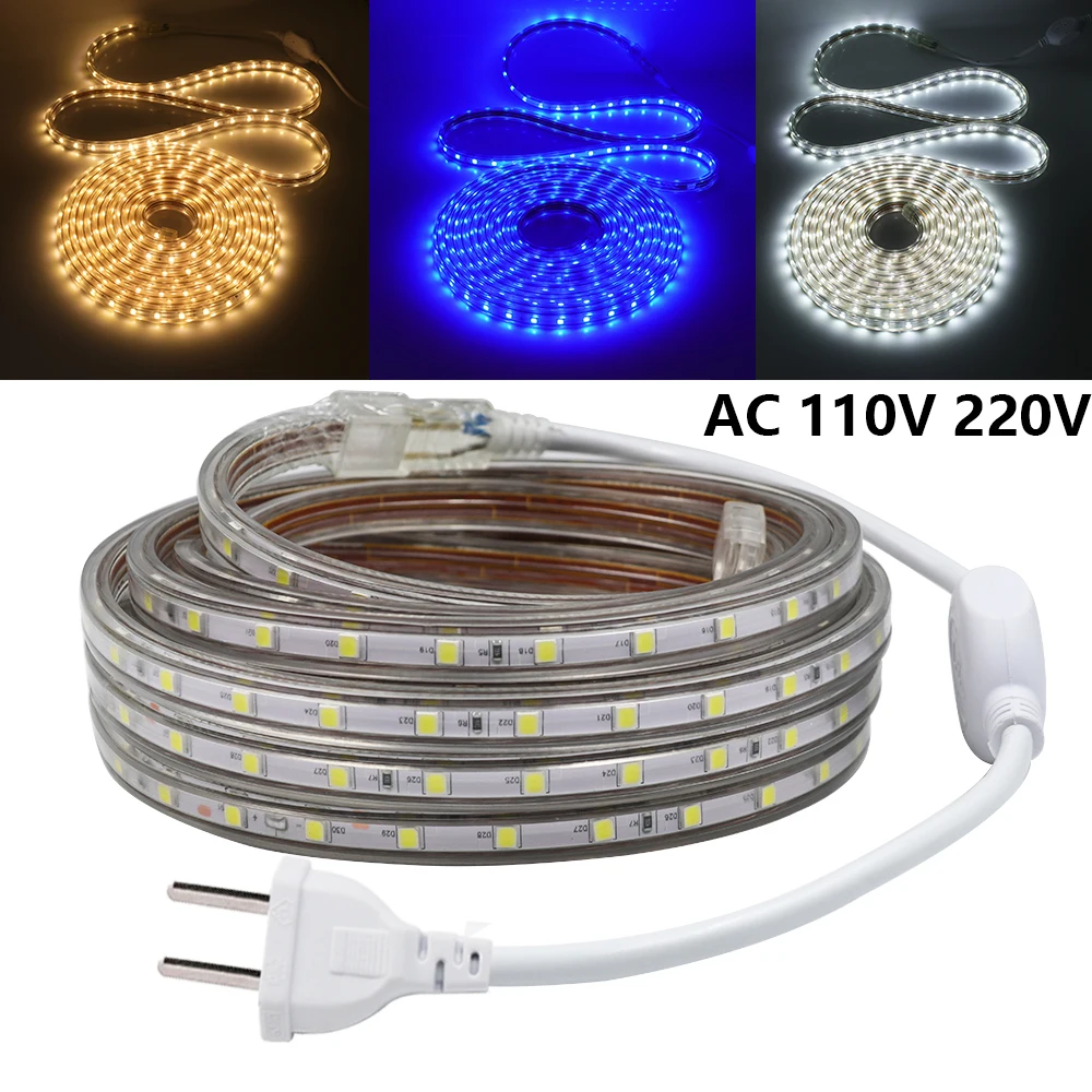 Taśma LED 220V 110V 60LEDs/m z wtyczką EU UK US Elastyczna taśma LED SMD 5050 Wodoodporna lampa zewnętrzna Taśma LED do kuchni