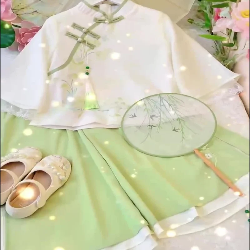 Girls' Hanfu Set, Chinese-Style Sheer Tang Suit, Children's Traditional Long-Sleeved National Style Clothing, Chinese Set
