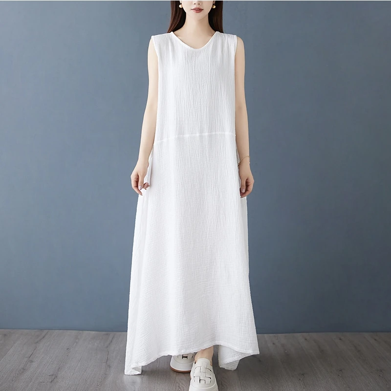 فستان أنيق بدون أكمام ورقبة على شكل V فستان صيفي طويل بحزام خلفي غير منتظم فستان ماكسي مريح فضفاض الخصر فستان الشمس