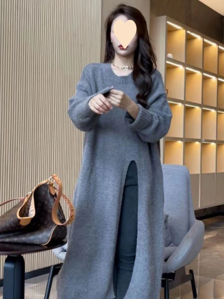 New In Autumn Winter Women Knitted Pullover Long Dresses High Necked Split Loose Sweater Dress Casual Temperament Women Clothes