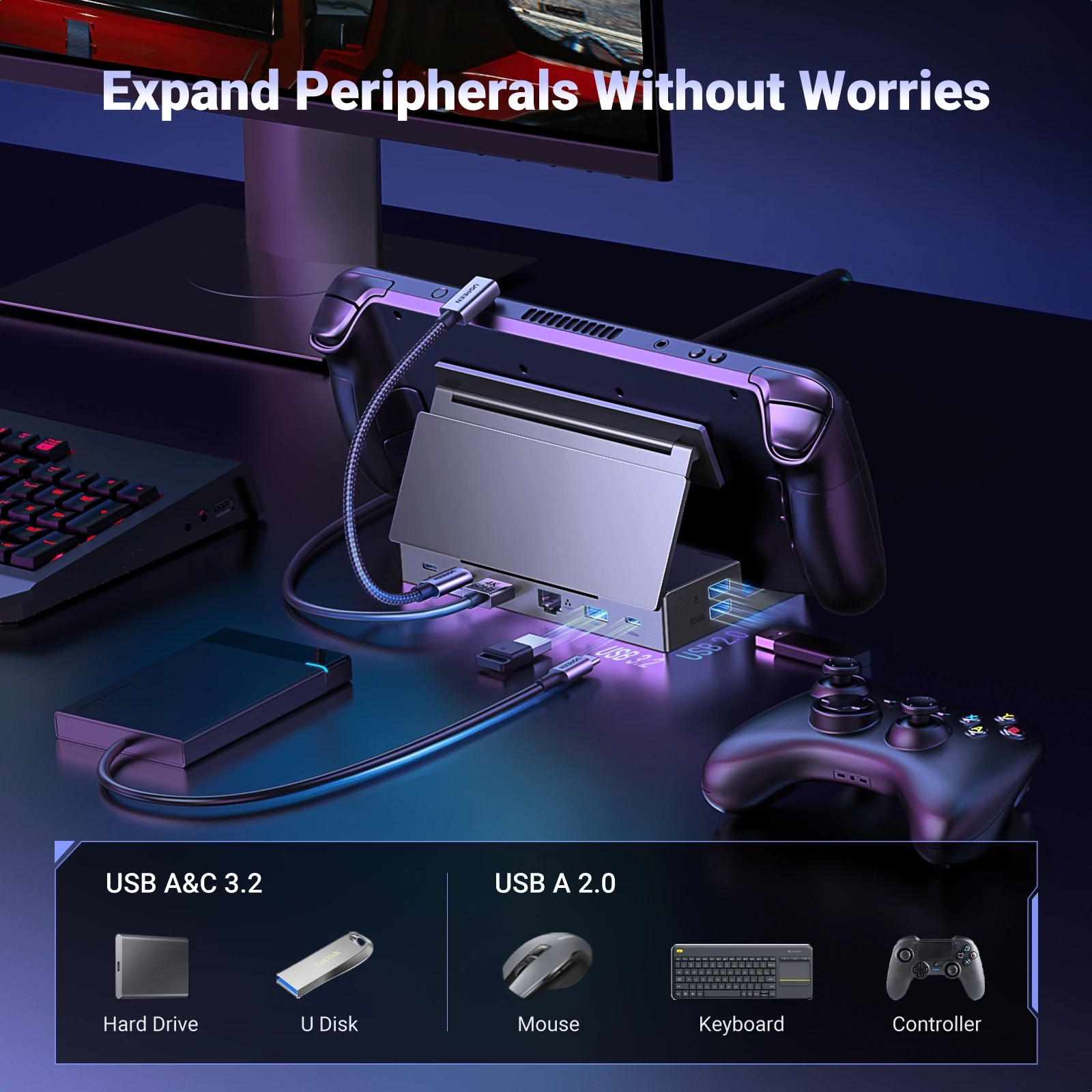 UGREEN Steam Deck Dock 6/9Ports USB C Gaming HUB Foldable Stand 4K HDMI/DisplayPort RJ45 100W 5/10Gbps USB A&C for Rog Legion Go