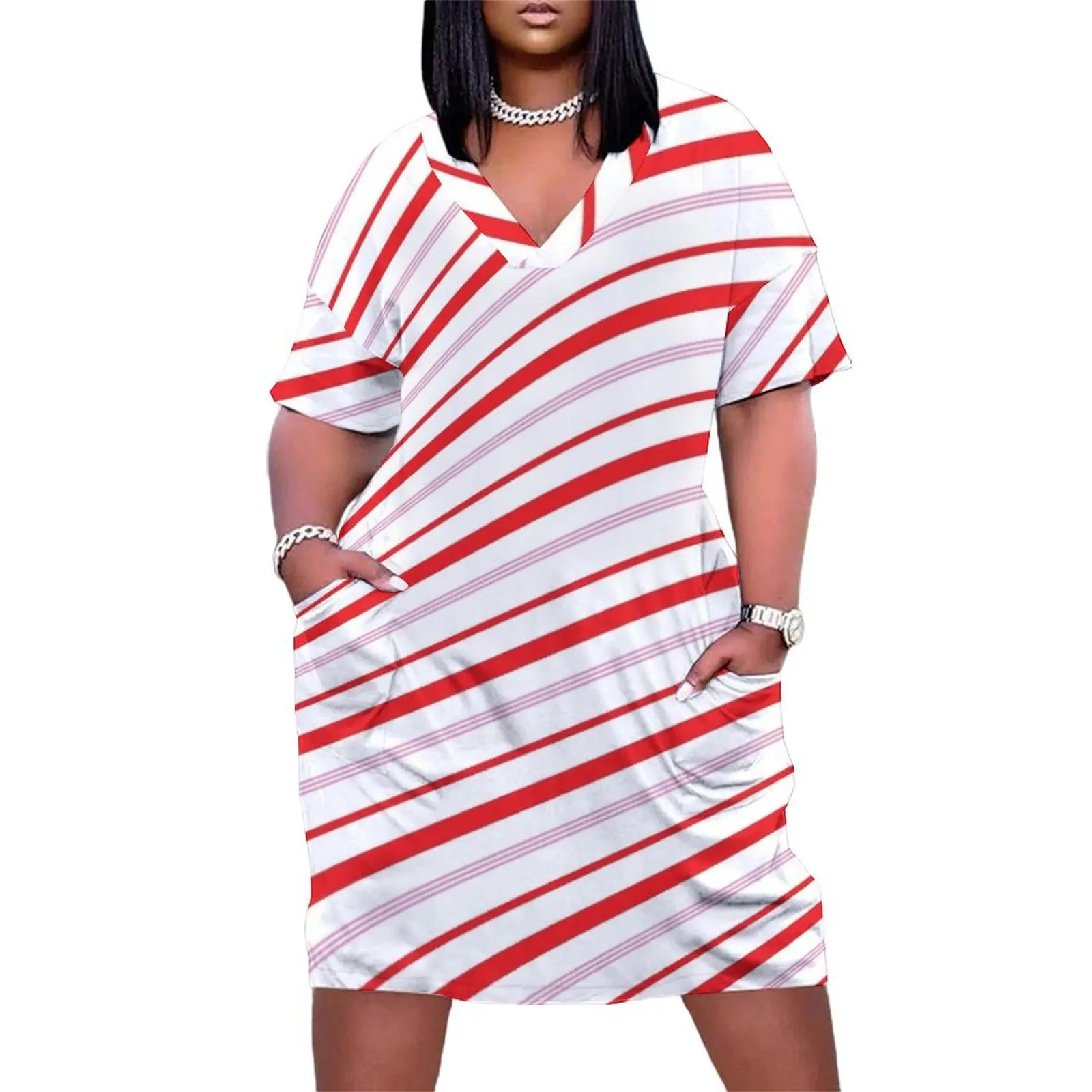 Candy Cane Stripes Loose Pocket Dress Clothing long sleeve dress chic and elegant woman dress summer 2025 women