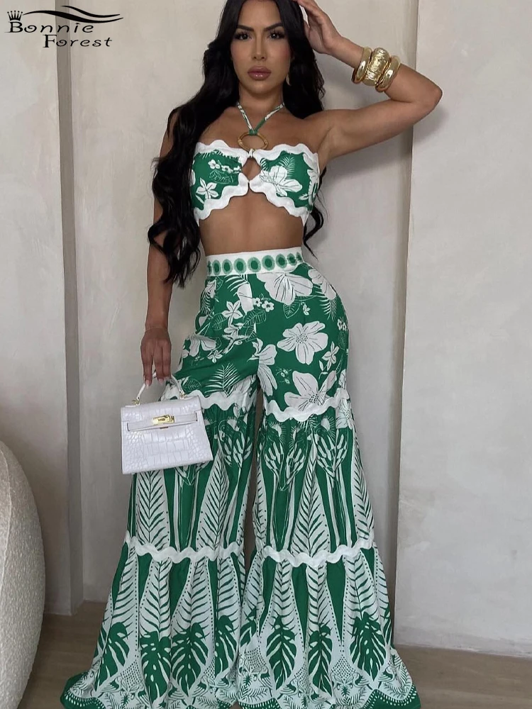 

Bonnie Forest Tropical Floral Print O-Rings Crop Top And Wide Legs Pants Set Holiday Outfits Womens Beach Suits Two-Piece Set