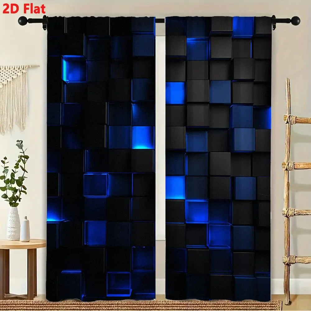 

2Pcs Curtains Dark Gray Black Cubes Grid Window Drapes for Bedroom Living Room Decoration Window Treatment.