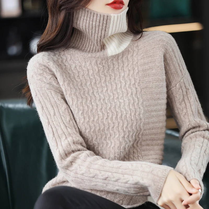 Autumn Winter New 100% Pure Wool Sweater Women's Turtleneck Pullover Drop Shoulder Loose Stitching Match Knitted Bottoming Shirt