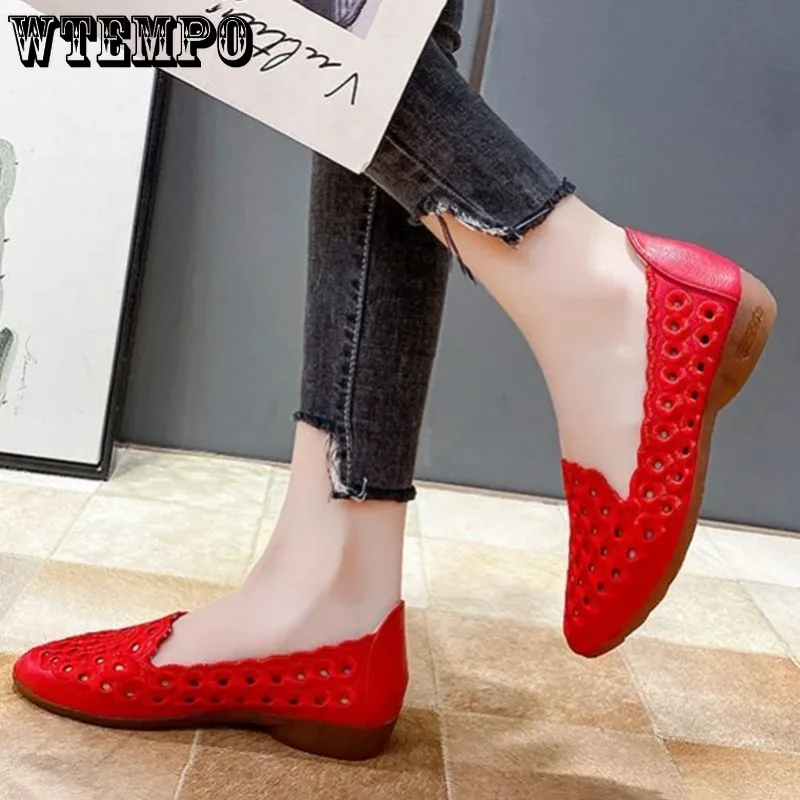 Hollow Red Leather Women\'s Soft Sole Pointed Toe Shallow Slip-on Simple Casual Commuting Korean Fashion Moccasin Drop Shipping