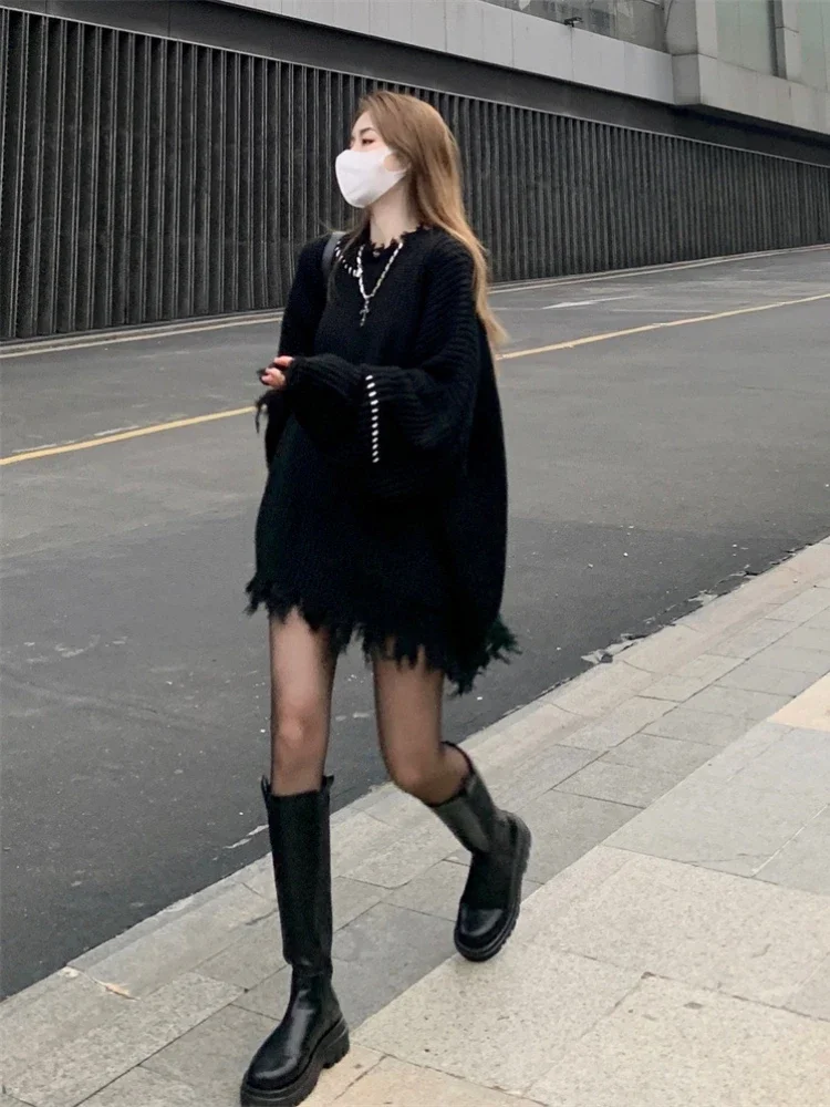 

Pullovers Women Casual Retro Design Harajuku Streetwear Ulzzang Tassel Chic Patchwork Loose All-match Autumn Ladies Fashion New