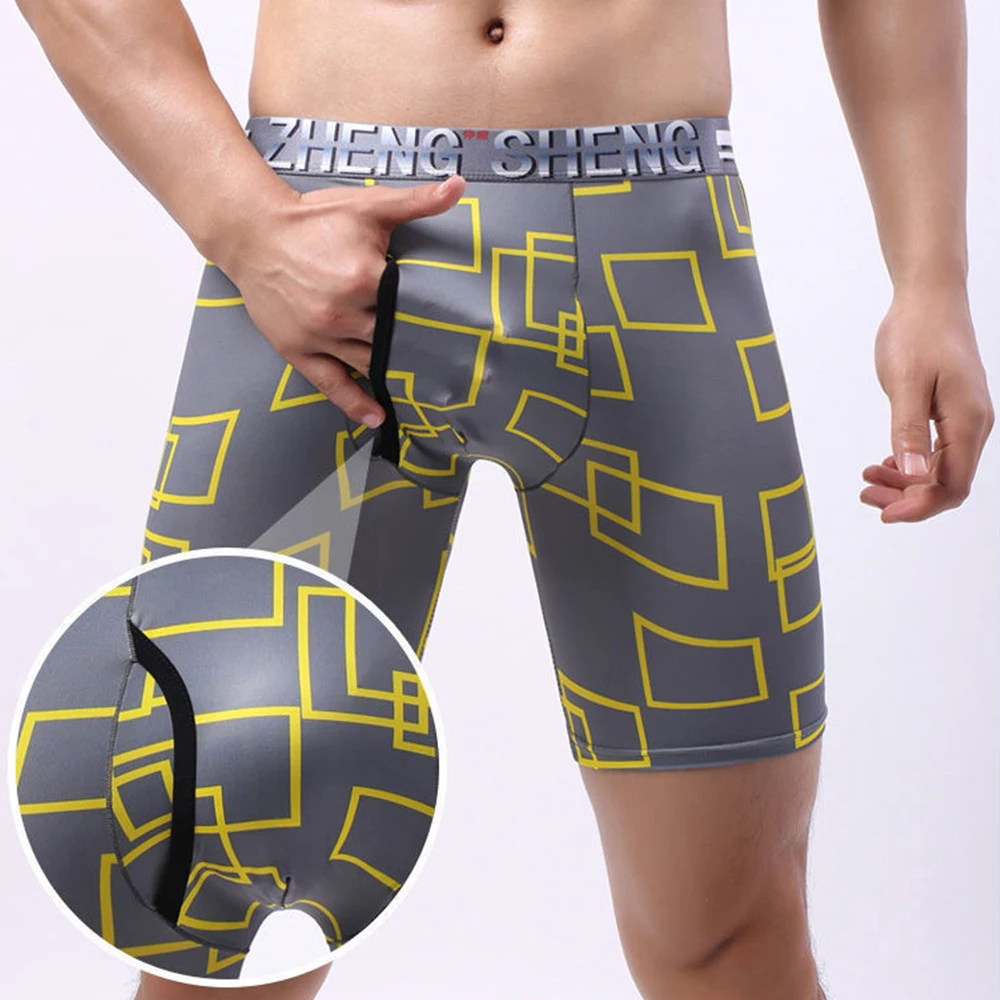 Men Print Ice Silk Long Leg Shorts Convex Pouch Underwear Briefs Underpants Boys Sports Gym Smooth Шорты Мужские