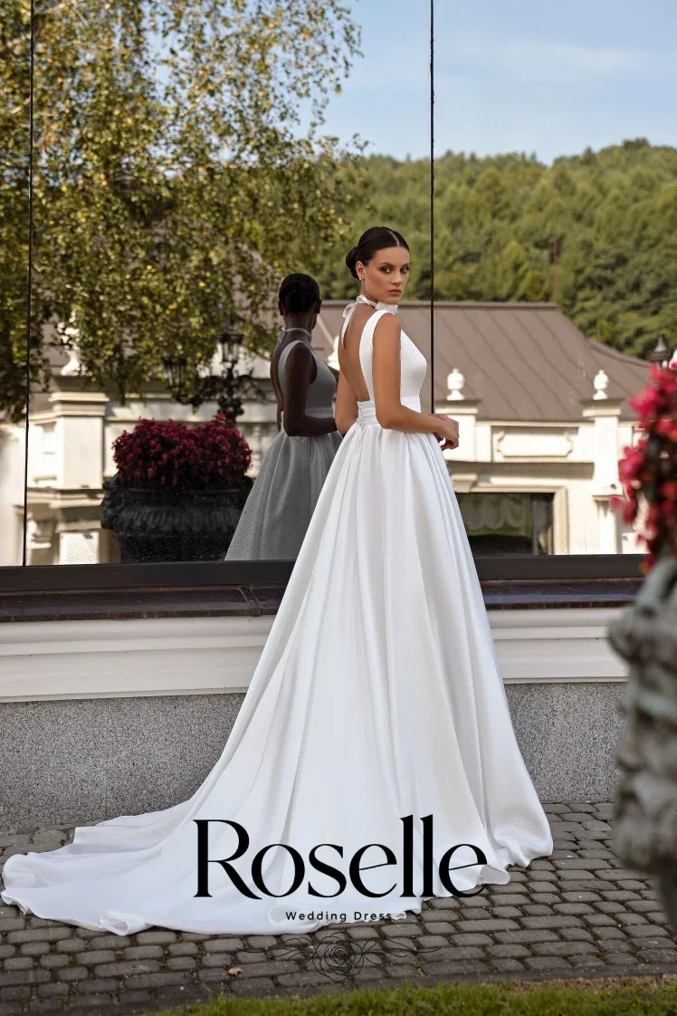 ROSELLE Simple Elegant V-Neck Sleeveless A-Line Wedding Dress Open Back Sweep Train 2026 Bridal Gown Customized свадебное платье