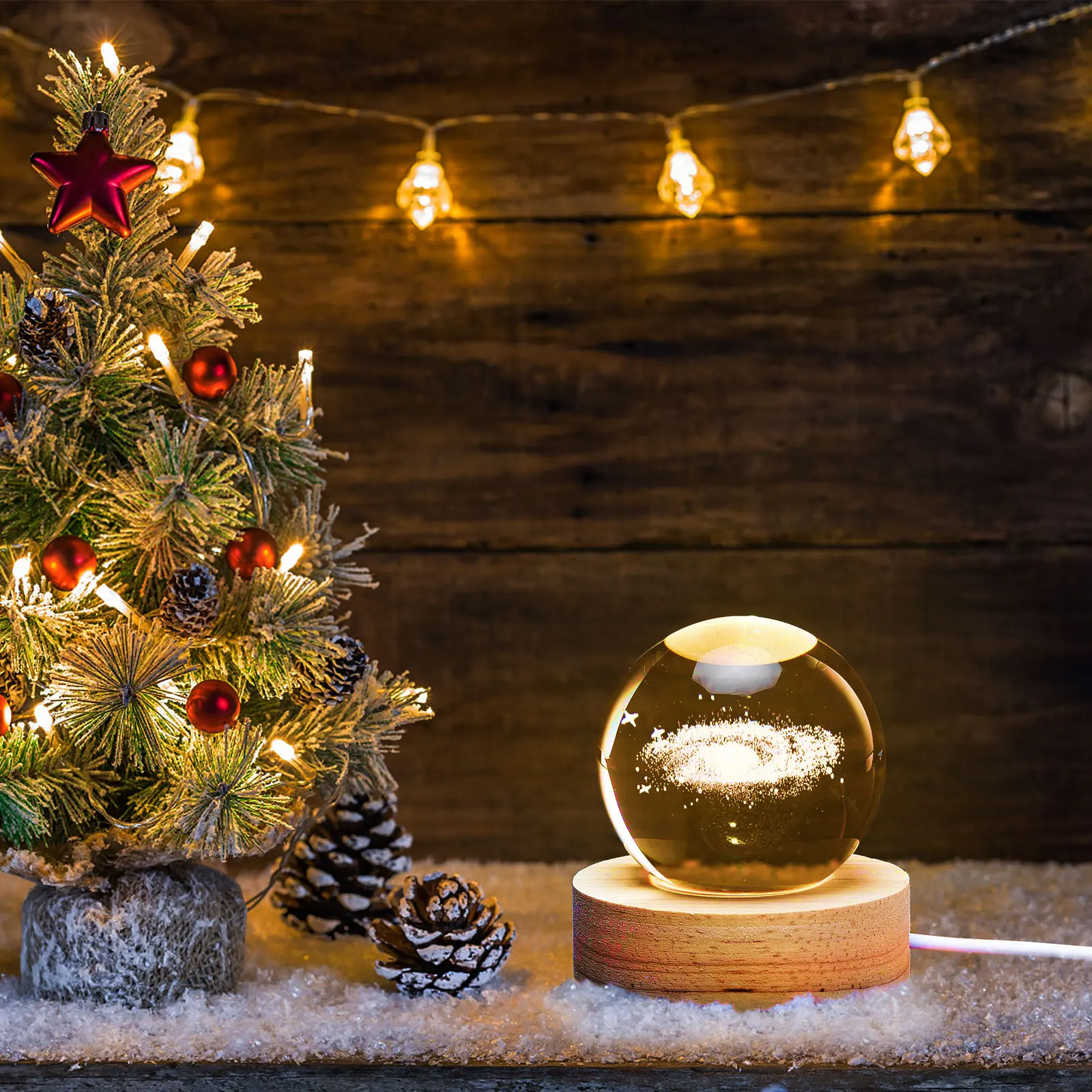 Luz Globo de Cristal Criativa, 3D Gravado Brilhante Bola Forma Luzes Da Noite, Lâmpada Ambiente Romântica com Base De Madeira, Decoração Do Quarto