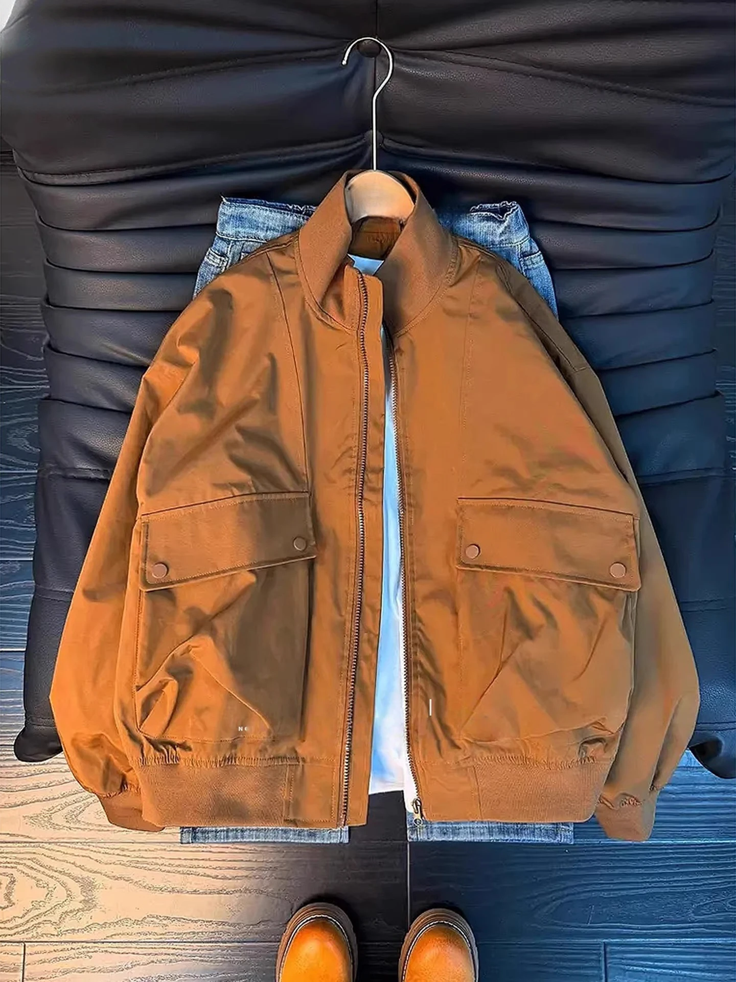 

Мужская демисезонная куртка-бомбер American Sle Brown Workwear: ветрозащитная, из полиэстера, с воротником-стойкой, для бейсбола и активного отдыха