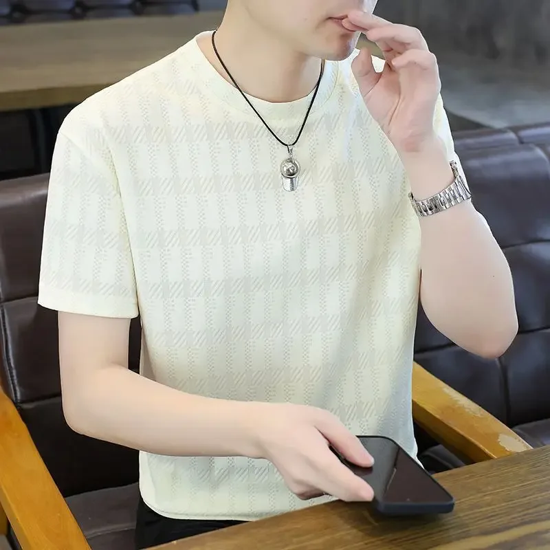 GELITAYIN Simple Printed Men Short-sleeved Ice Silk Thin Casual Trendy Street Top Round Neck Jacquard Quick-dry Breathable Beach