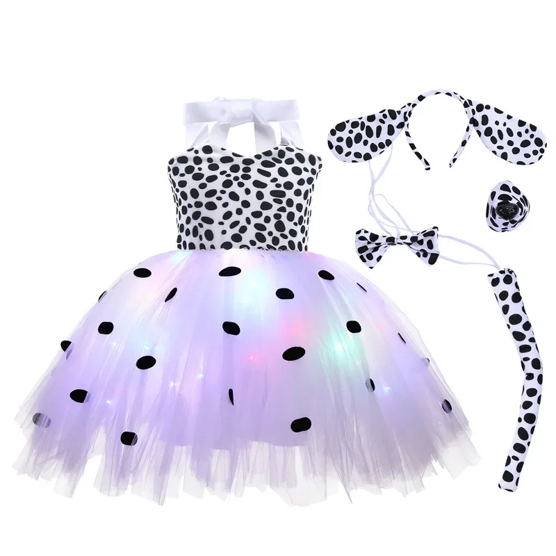 Dalmatian Dog Tutu Dress for Kids Animal Halloween Costume Spotted Toddler Puppy Dress Up with LED Outfit Birthday Party Dresses