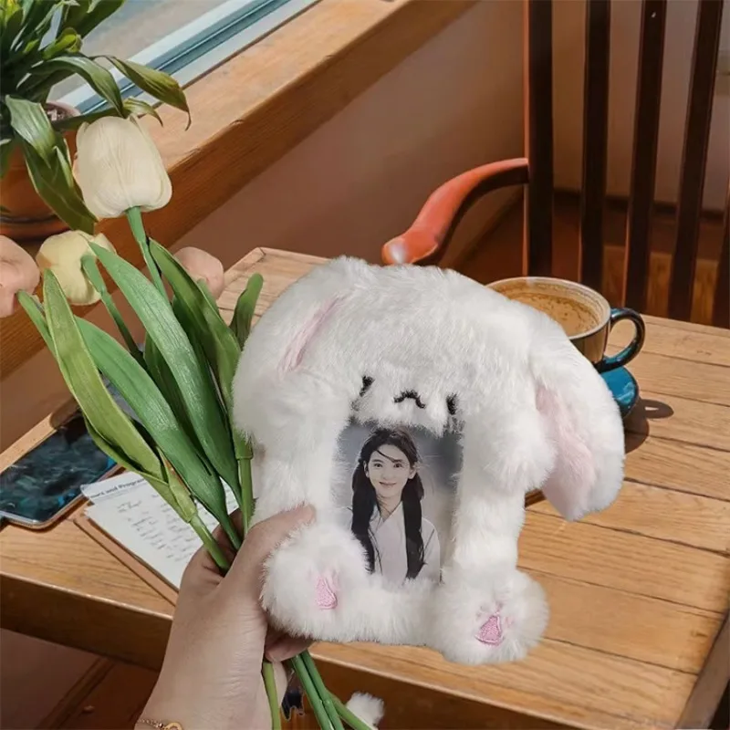 Cute Plush Rabbit Card Holder for 3-inch K-Pop Photos Cartoon Bunny ID Card Protector for Campus Meal Card Cute Accessories