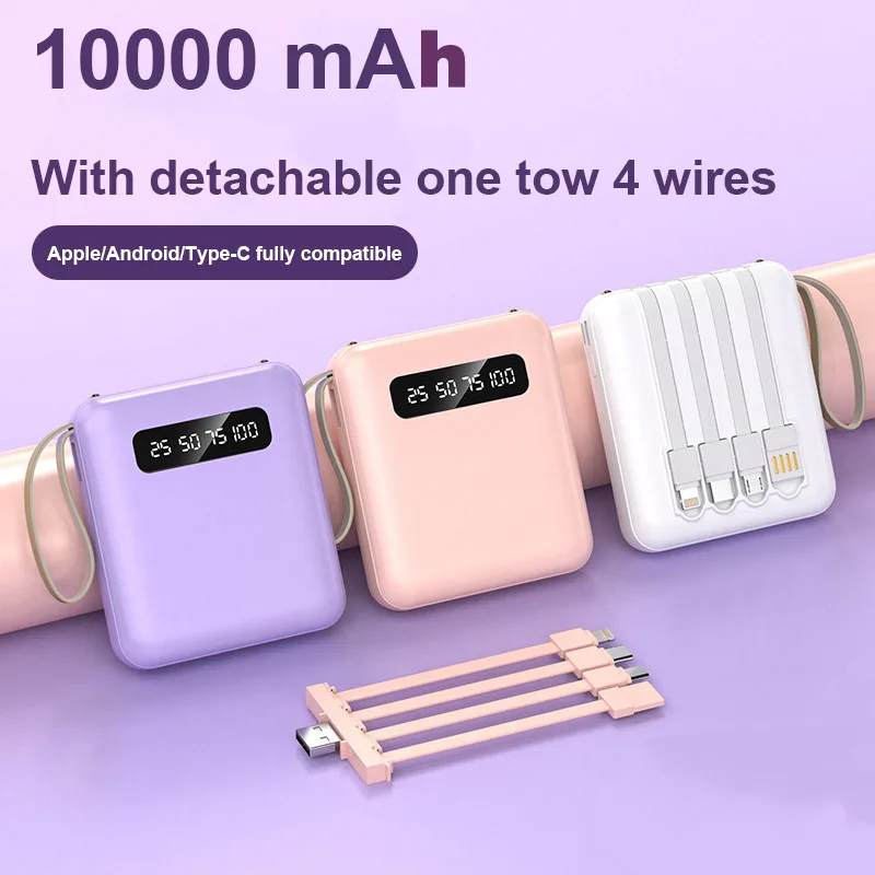 Mini powerbank 5000/10000/20000mAh z 4 w 1 przewody do ładowania przenośna bateria zewnętrzna uniwersalnego banku cyfrowy wyświetlacz mocy