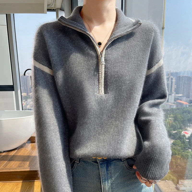 Winter new women\'s sweater 100% Merino wool sweater thick turtleneck half zipper pullover color matching cashmere sweater top.