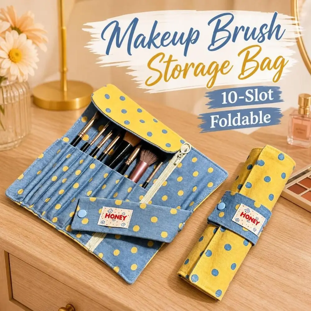 Polka-Dot Makeup Brush Roll Pouch 10-Slot Foldable Cosmetic Brush Organizer Roll-Up Fabric Makeup Brush Bag Travel Storage
