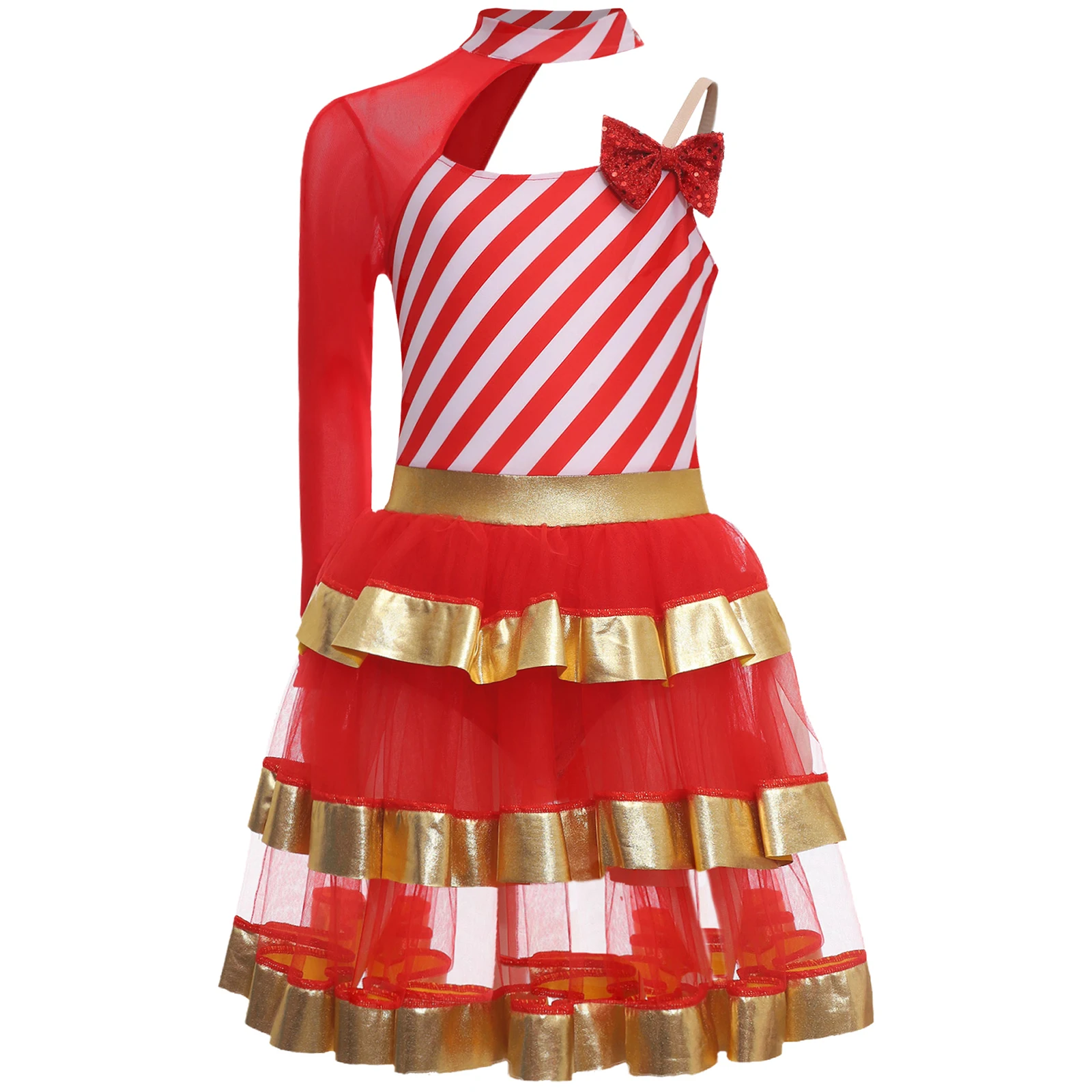 Vestido de Natal feminino, lantejoulas brilhantes infantis, Dancewear em camadas, Papai Noel, Natal, Bastão doce, Listras, Fantasia Performance, Tutu