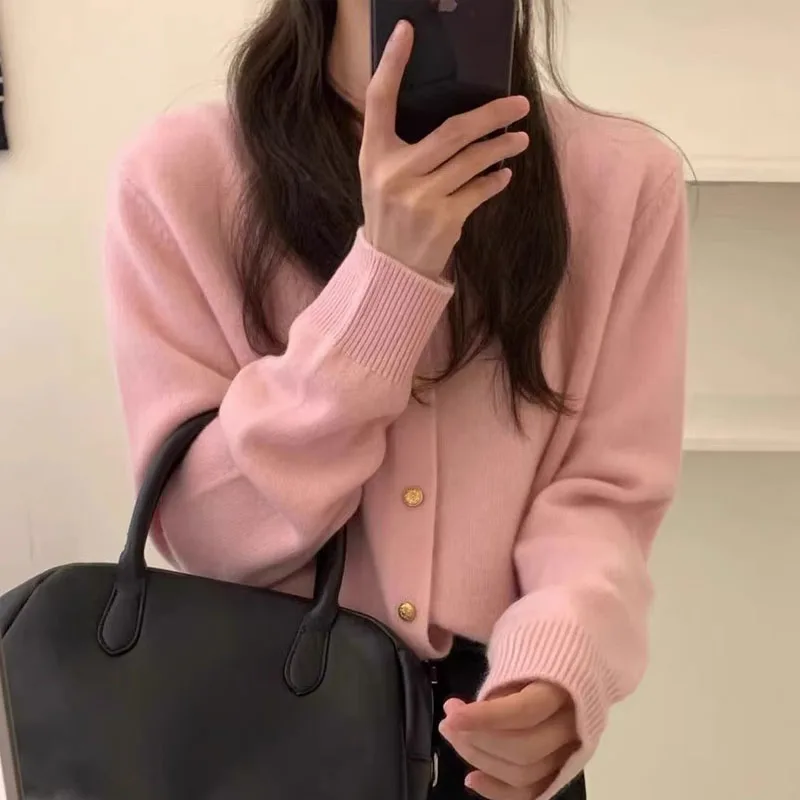 

Модный однотонный вязаный свитер с длинными рукавами, женские кардиганы, свитера с круглым вырезом, вязаный свитер, кардиган, женские топы, Sueter Feminino Q3419