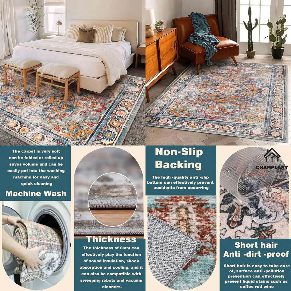 

Vintage Boho Chic Area Rug, 6x9, Washable Medallion Pattern, Non-Shedding, Ideal for High Traffic Spaces