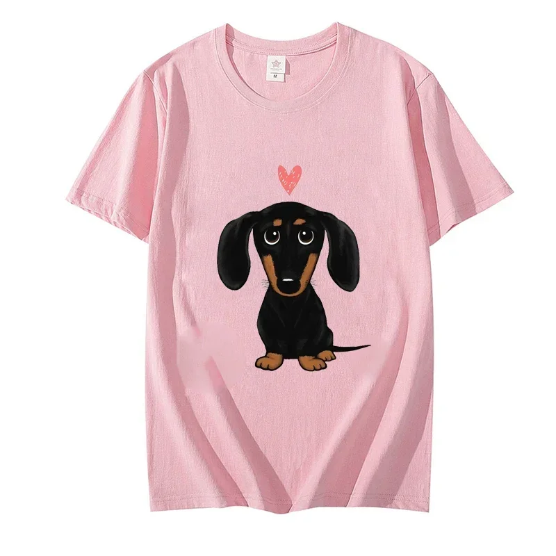 Nero e marrone chiaro bassotto con cuore retrò Y2K divertente t-shirt femminile estate simpatico cartone animato cane Wiener moda tee top casual top