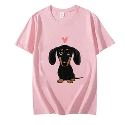 Nero e marrone chiaro bassotto con cuore retrò Y2K divertente t-shirt femminile estate simpatico cartone animato cane Wiener moda tee top casual top 2k