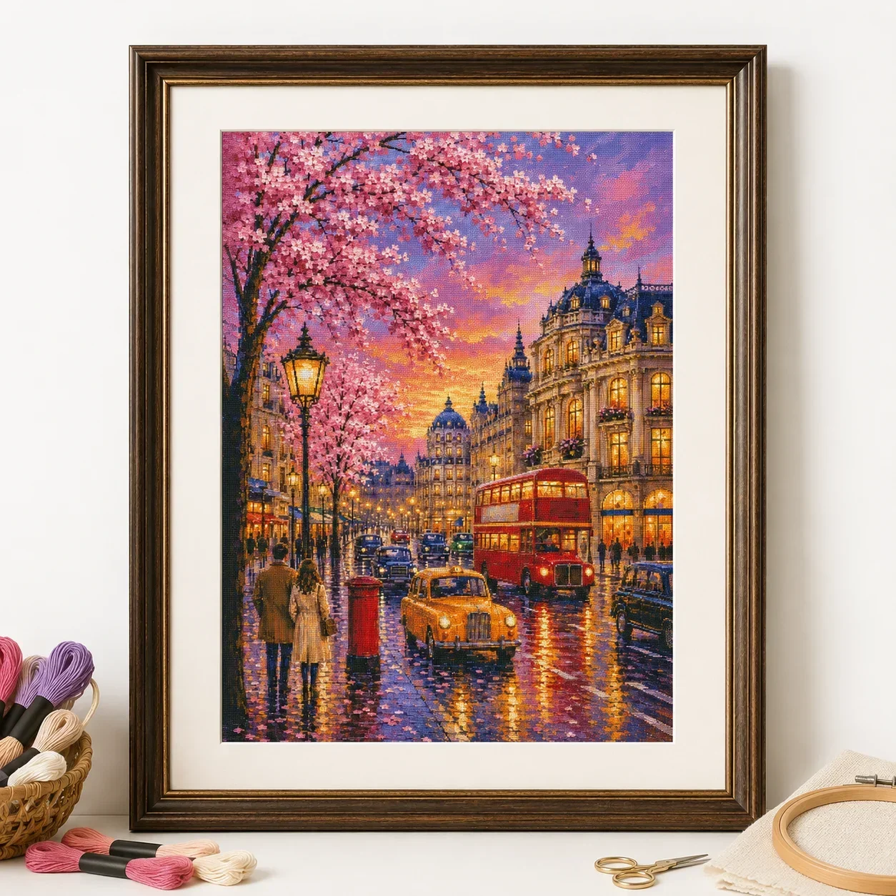 Stamped Cross Stitch Kit 11/14/16/18CT Pre Printed Canvas Cotton Threads DIY Embroidery Wall Decor[ZZ8879-Sakura London Street]