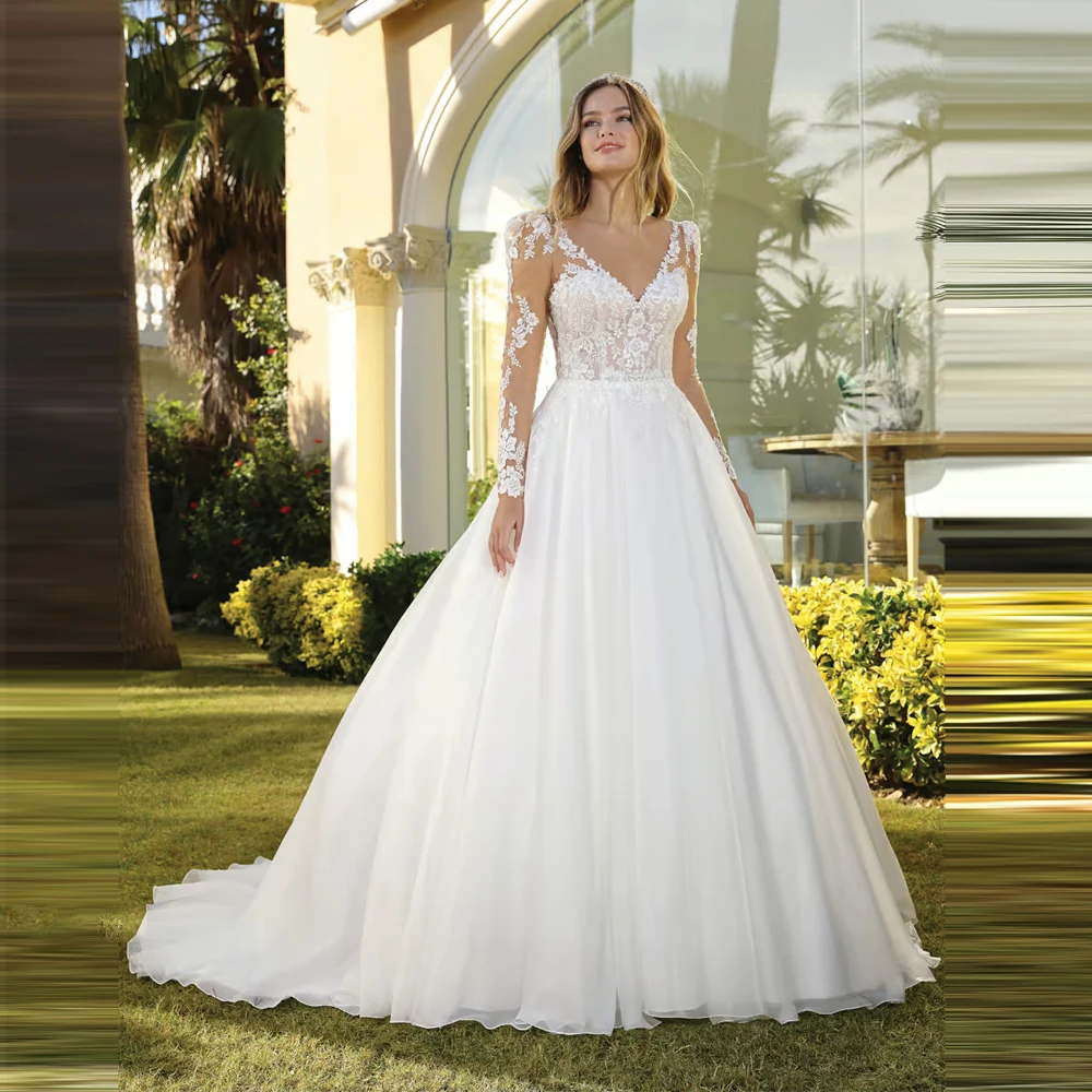 

Lace Long Sleeves Tulle Women Wedding Dresses Elegant Backless A-Line Bridal Gowns Princess Banquet Vestidos De Novia Customized
