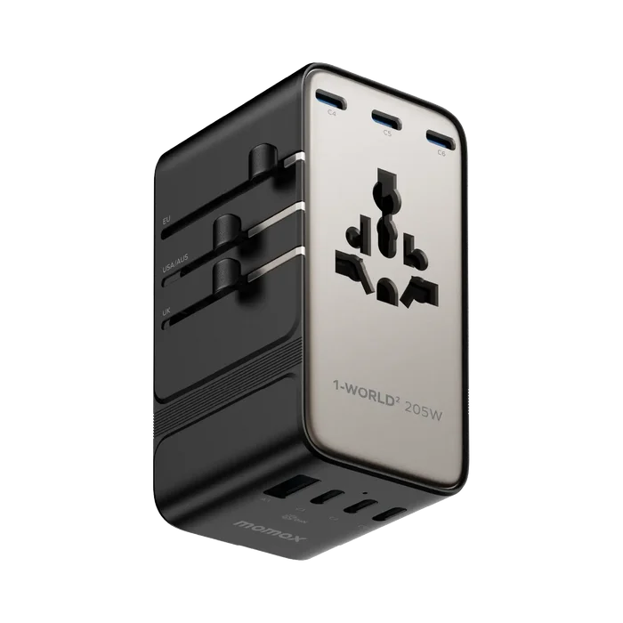 MOMAX 1-World2 205W 7-Port Dual AC محول السفر GaN شاحن قابس السفر الدولي للمسافرين العالميين أجهزة الكمبيوتر المحمولة اللوحية