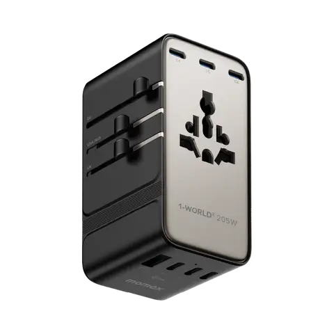 MOMAX 1-World² 205W 7-Port Dual AC Travel Adapter GaN Charger International Travel Plug for Global Travelers Laptops Tablets