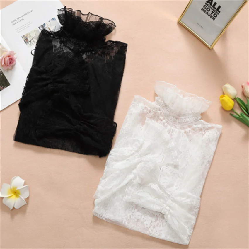 2023 New Women Flare Sleeve Lace Blouse Elegant Summer Lady Mesh Blousas Hollow Out Shirt Bottomings Pullovers Fairy WZ2092