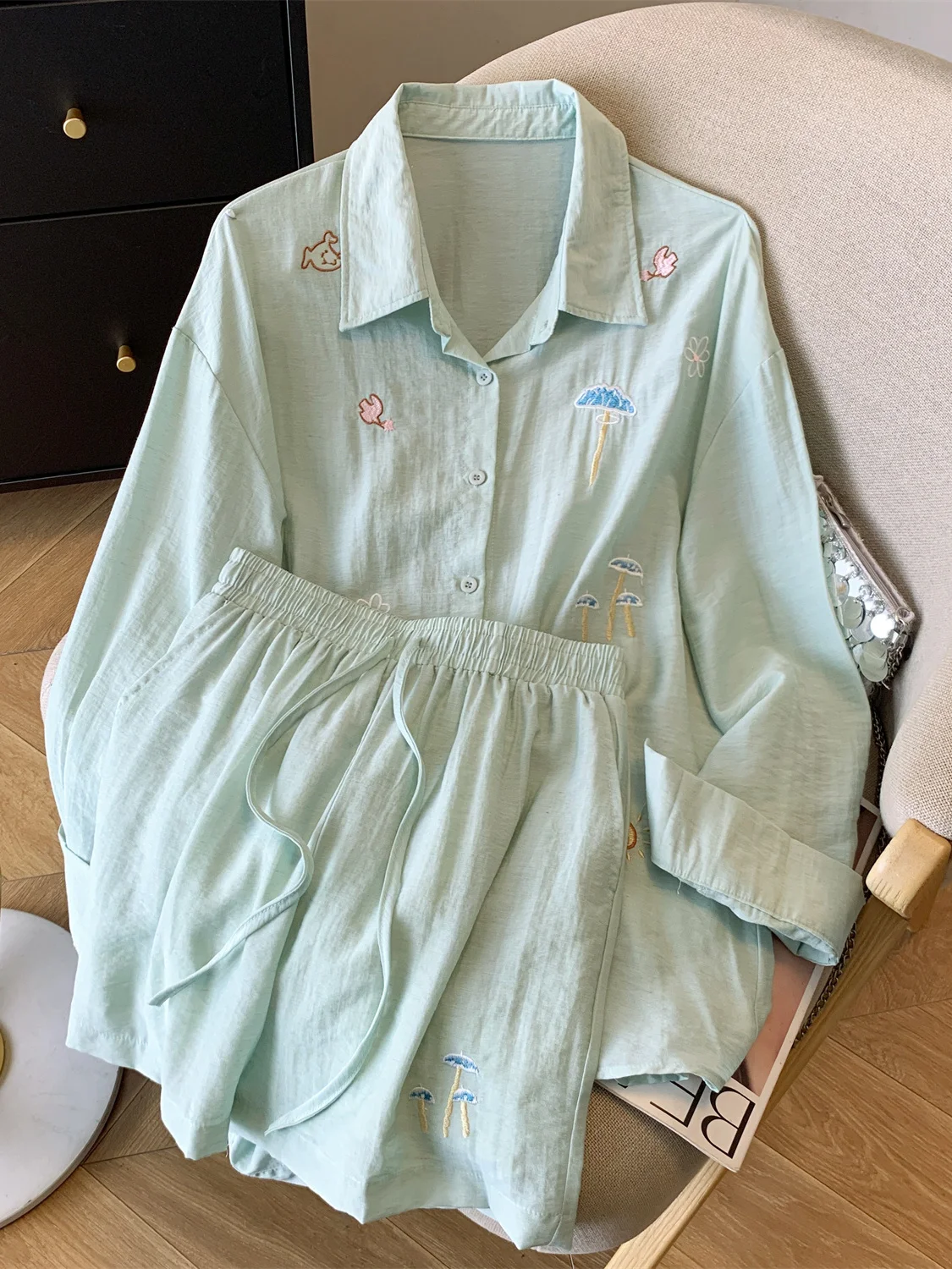 Sun Protection Embroidered Linen irt Heavyweight Loose Fit Summer 2025 Faion Set with ort Pants Long Sve  Collar