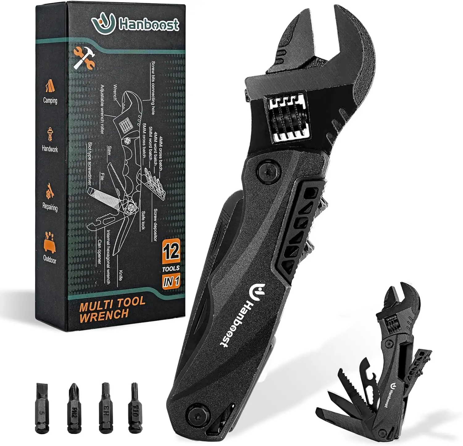 Hanboost Multitool Wrench Wide Jaw Opening Cmaping Gear, Gift for Him and Her, 12 in 1 Multi Purpose Pocket Size EDC Gadget With
