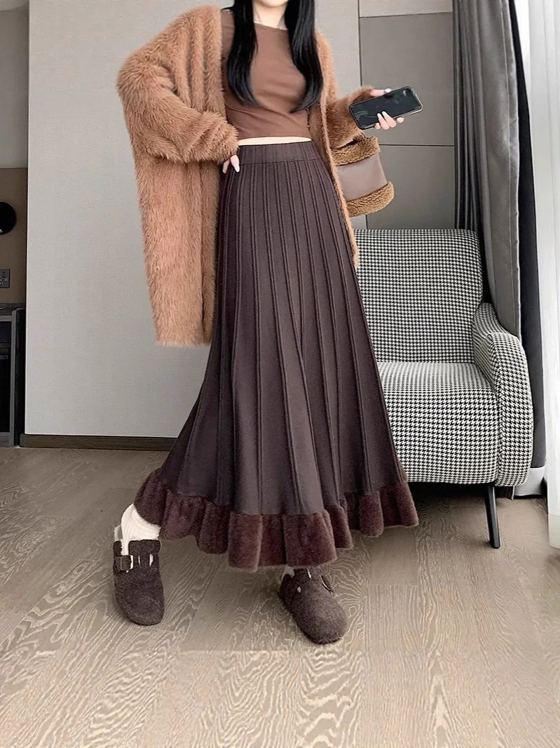 

Корейская плюшевая трикотажная плиссированная юбка трапециевидной формы, женская эластичная облегающая плиссированная юбка с высокой талией, универсальная офисная женская осень